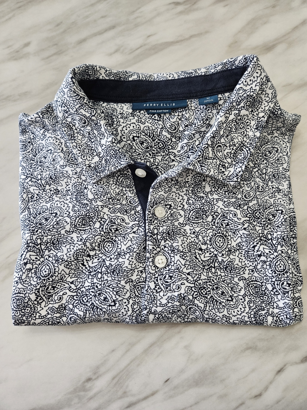 Perry Ellis White Polo with Navy Paisley Pattern